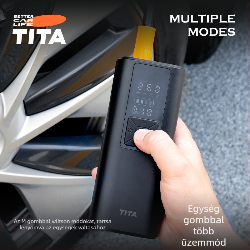 TITA Autóhoz vezeték nélküli levegőpumpa — hordozható, digitális kijelzővel, 120W, 5V/2A, 45 L/min, egyhengeres