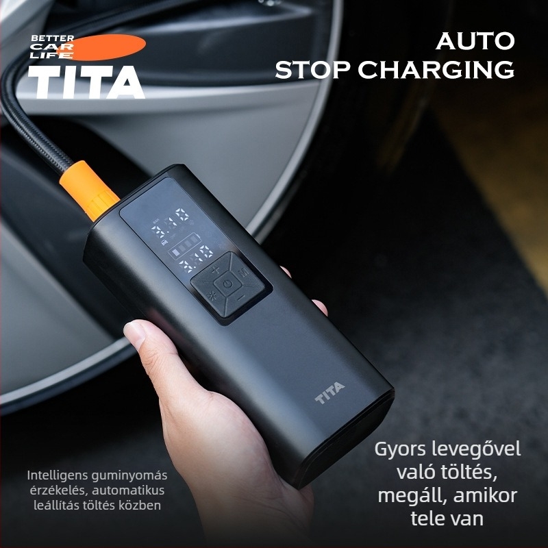 TITA Autóhoz vezeték nélküli levegőpumpa — hordozható, digitális kijelzővel, 120W, 5V/2A, 45 L/min, egyhengeres