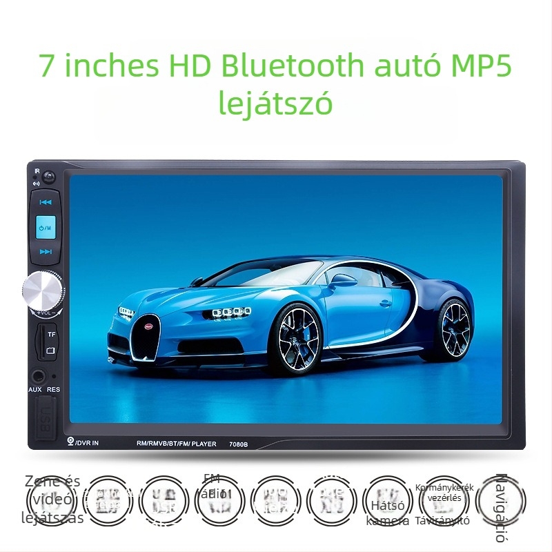 Autó-multimédiás lejátszó MP4/MP5 Bluetooth kihangosítással, USB/TF kártya lejátszás, TFT kijelző, 12V tápegység, modell 7080B