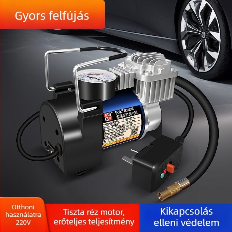 Otthoni egyhengeres levegőpumpa kosárlabda és futball számára – 220V, 220W, anyag: fém + ABS műanyag, gumiabroncsnyomás-mérő, áramlás >70 L/perc