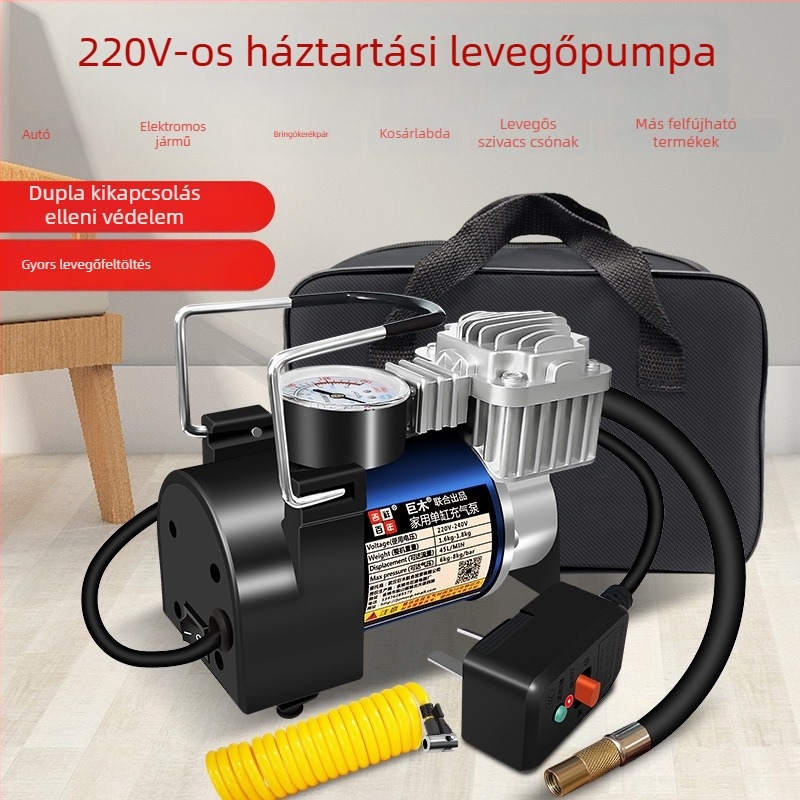 Otthoni egyhengeres levegőpumpa kosárlabda és futball számára – 220V, 220W, anyag: fém + ABS műanyag, gumiabroncsnyomás-mérő, áramlás >70 L/perc