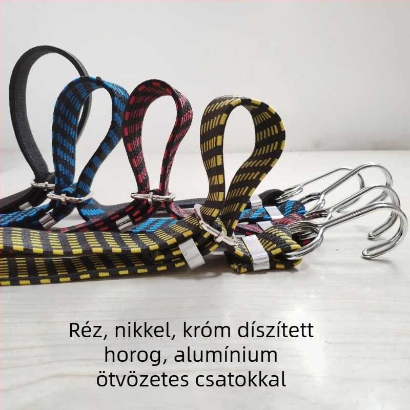 Elasztikus kötöző heveder motorkerékpárhoz és poggyászhoz alumínium ötvözet csattal, latex huzal anyag, teherbírás 100 kg