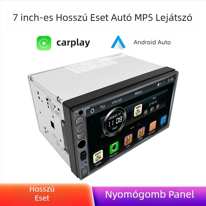 Autó MP5 Bluetooth rádiólejátszó, modell F13307mp5-2, 12V táplálás, LED kijelző 260k színnel, AVI/MP4 videó, MP3/WMA/WAV zene