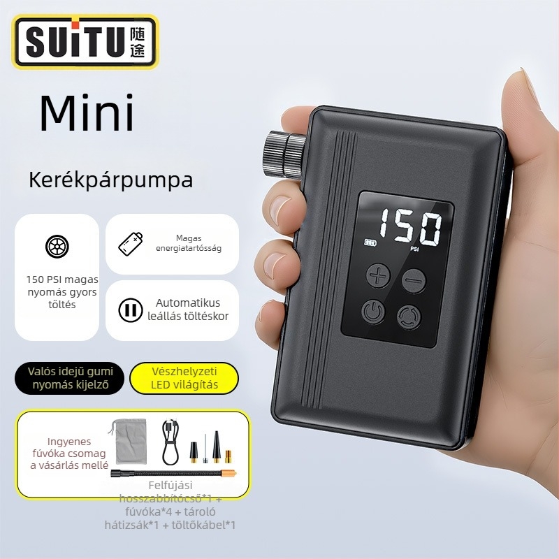 Hordozható kerékpárpumpa vezeték nélküli digitális kijelzővel — 25 L/min, Type-C táplálás, USB töltés, 540 g, egyhengeres kivitel
