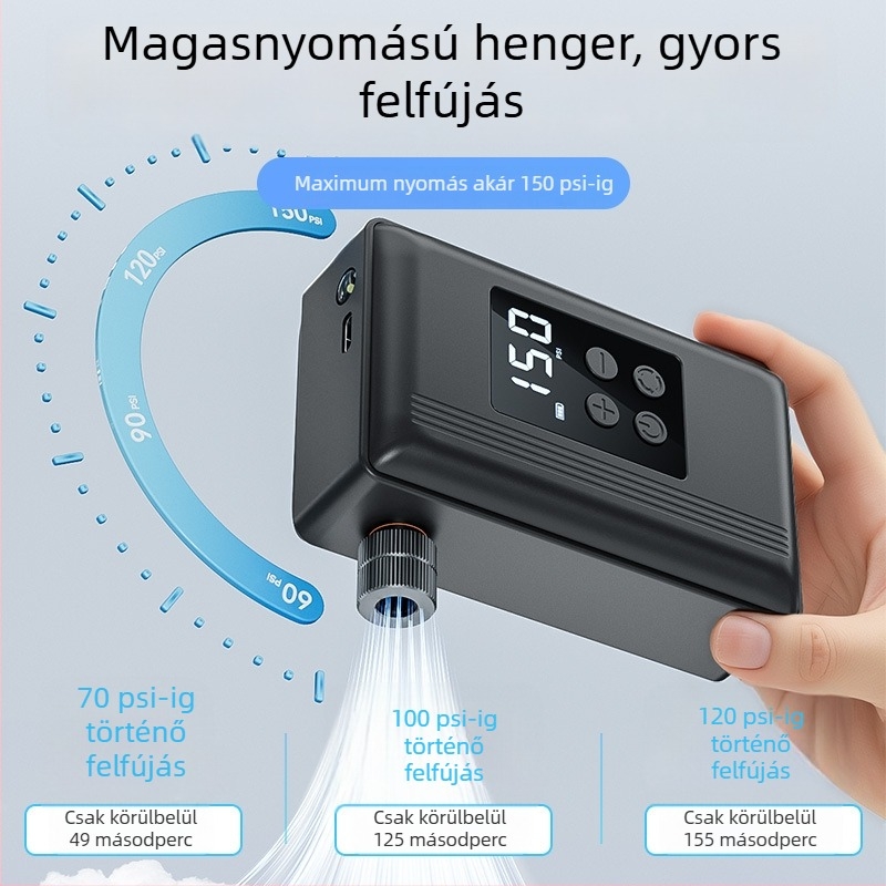 Hordozható kerékpárpumpa vezeték nélküli digitális kijelzővel — 25 L/min, Type-C táplálás, USB töltés, 540 g, egyhengeres kivitel