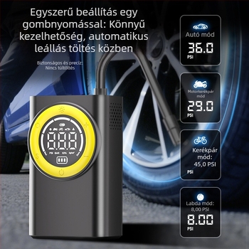 Hordozható vezeték nélküli levegőpumpa digitális kijelzővel és nyomásmérővel — 7,4V beépített akkumulátor, 30 L/min, USB töltés, egyhengeres kompakt