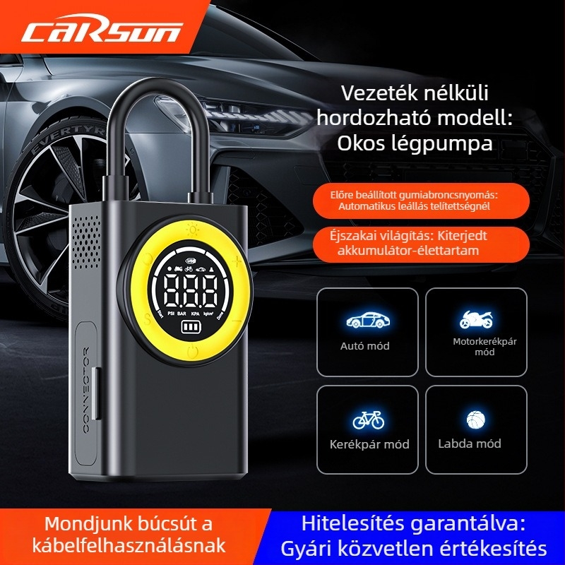 Hordozható vezeték nélküli levegőpumpa digitális kijelzővel és nyomásmérővel — 7,4V beépített akkumulátor, 30 L/min, USB töltés, egyhengeres kompakt