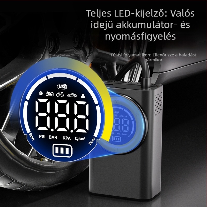 Hordozható vezeték nélküli levegőpumpa digitális kijelzővel és nyomásmérővel — 7,4V beépített akkumulátor, 30 L/min, USB töltés, egyhengeres kompakt