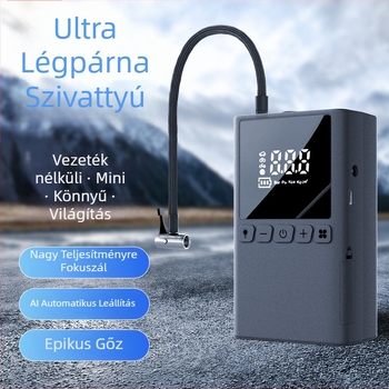 Hordozható autógumi pumpa digitális kijelzővel, USB tápellátás 5V/2A, 80W, 70 L/min légáram, LED világítás