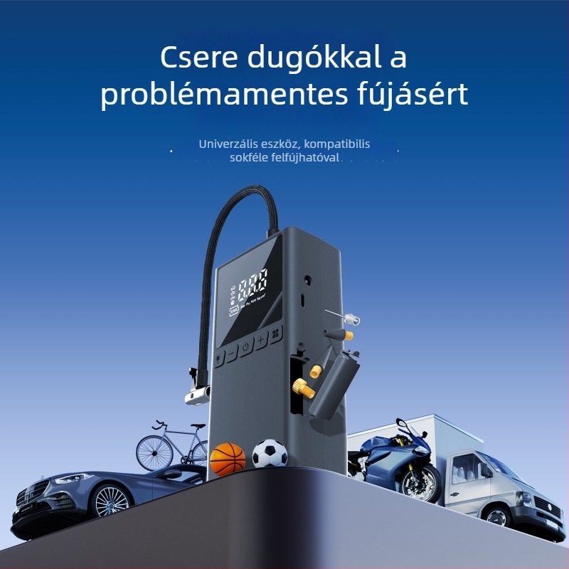 Hordozható autógumi pumpa digitális kijelzővel, USB tápellátás 5V/2A, 80W, 70 L/min légáram, LED világítás