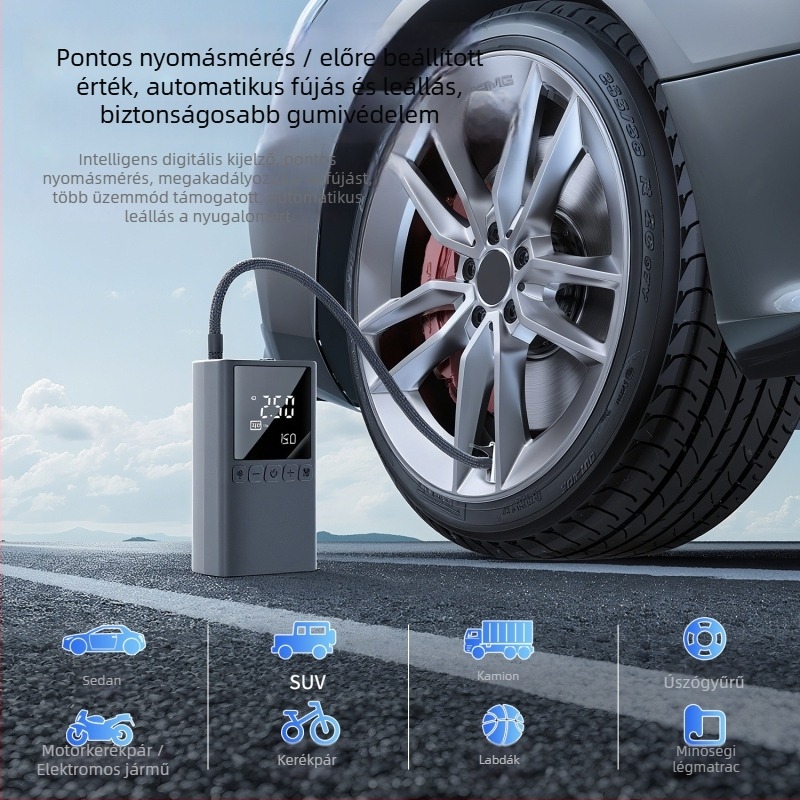 Hordozható autógumi pumpa digitális kijelzővel, USB tápellátás 5V/2A, 80W, 70 L/min légáram, LED világítás