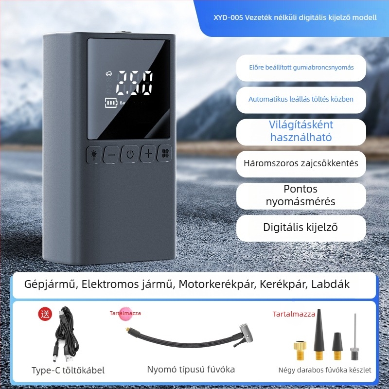 Hordozható autógumi pumpa digitális kijelzővel, USB tápellátás 5V/2A, 80W, 70 L/min légáram, LED világítás