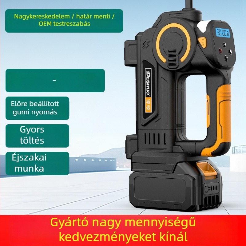 Hordozható autógumi inflátor - Vezeték nélküli 21V, 150W, 45 L/min, Digitális kijelző