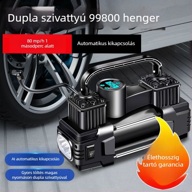 Járműre szerelt légpumpa, kéthengeres, 220W, digitális kijelző, 5 m-es kábel
