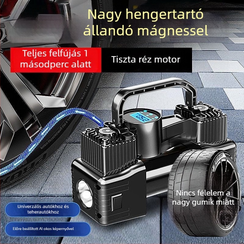 Járműre szerelt légpumpa, kéthengeres, 220W, digitális kijelző, 5 m-es kábel