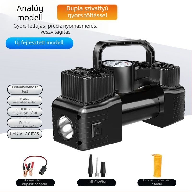 Járműre szerelt légpumpa, kéthengeres, 220W, digitális kijelző, 5 m-es kábel
