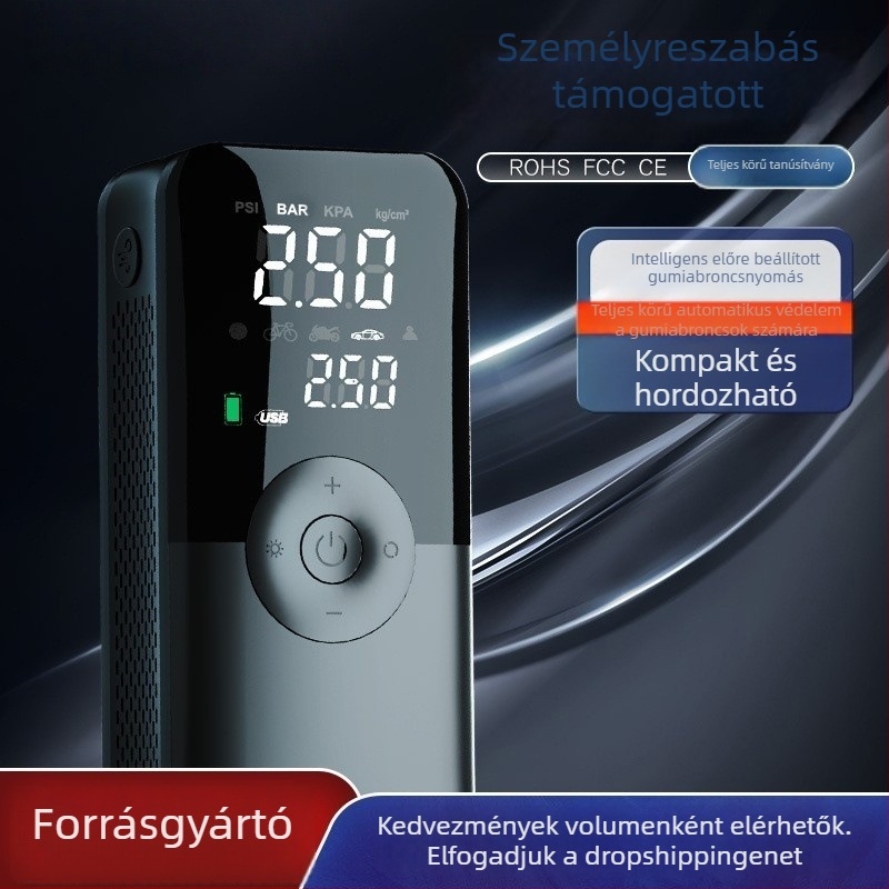 Autóba szerelt hordozható levegőpumpa, 12V, 120W, 25 L/perc, digitális kijelző, beépített akkumulátor
