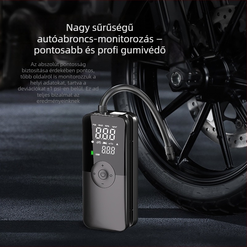 Autóba szerelt hordozható levegőpumpa, 12V, 120W, 25 L/perc, digitális kijelző, beépített akkumulátor