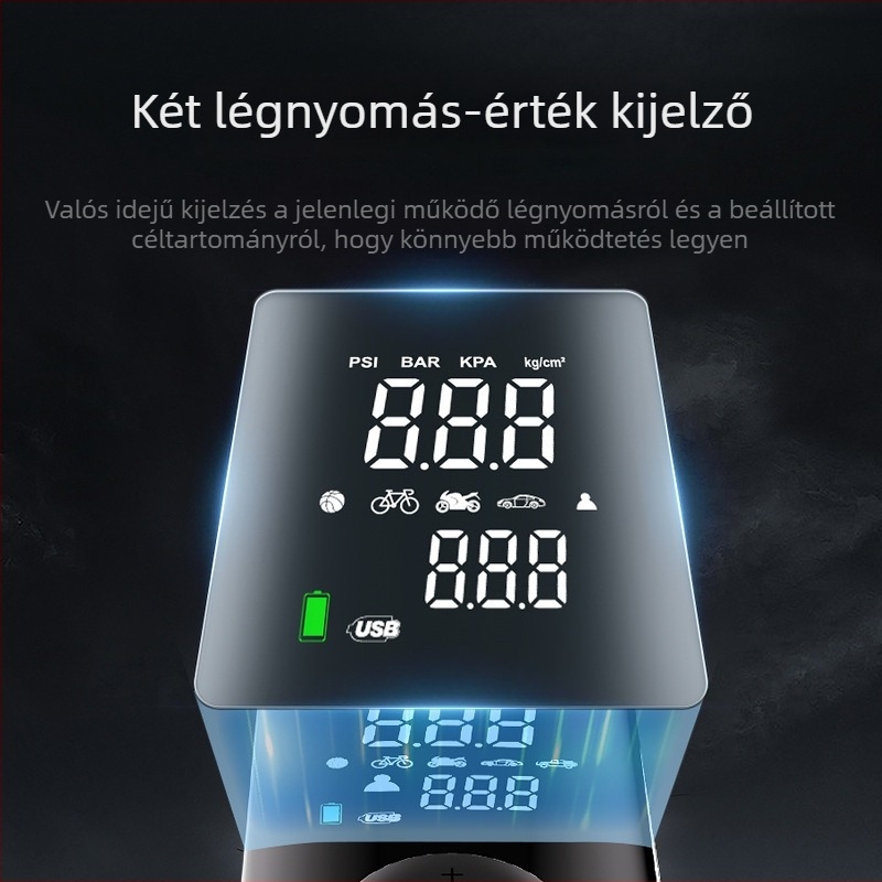 Autóba szerelt hordozható levegőpumpa, 12V, 120W, 25 L/perc, digitális kijelző, beépített akkumulátor