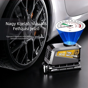 Mini hordozható autó légpumpa mutatós kijelzővel (12V, dugaszolható tápegység, 30 L/min, >20 perc folyamatos üzem, 530 g, kijelző mutatóval)