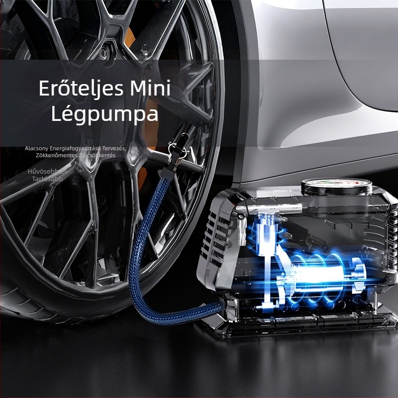 Mini hordozható autó légpumpa mutatós kijelzővel (12V, dugaszolható tápegység, 30 L/min, >20 perc folyamatos üzem, 530 g, kijelző mutatóval)