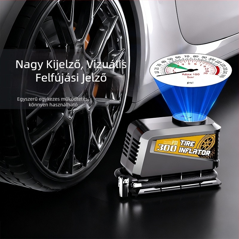 Mini hordozható autó légpumpa mutatós kijelzővel (12V, dugaszolható tápegység, 30 L/min, >20 perc folyamatos üzem, 530 g, kijelző mutatóval)