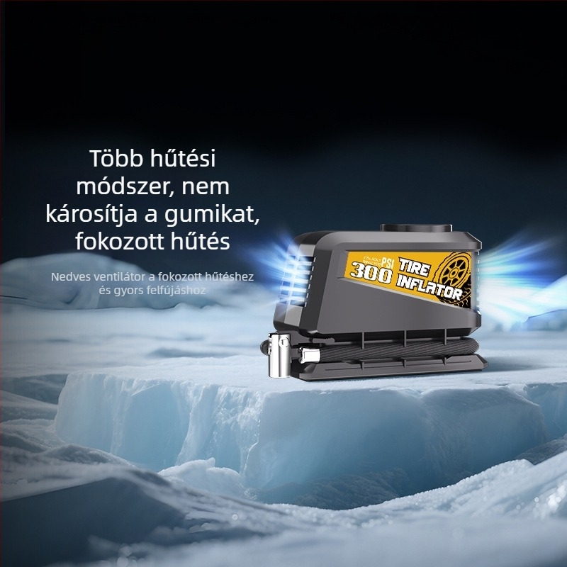 Mini hordozható autó légpumpa mutatós kijelzővel (12V, dugaszolható tápegység, 30 L/min, >20 perc folyamatos üzem, 530 g, kijelző mutatóval)