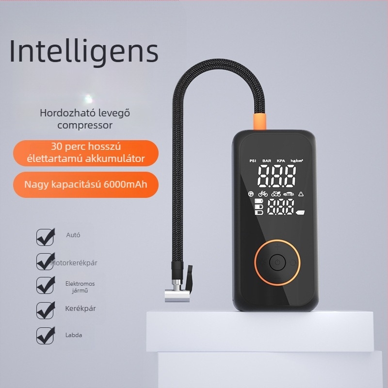 Hordozható kettős hengeres autógumi pumpa digitális kijelzővel, vezeték nélküli töltéssel és USB töltéssel, 12V 100W, 30 L/min