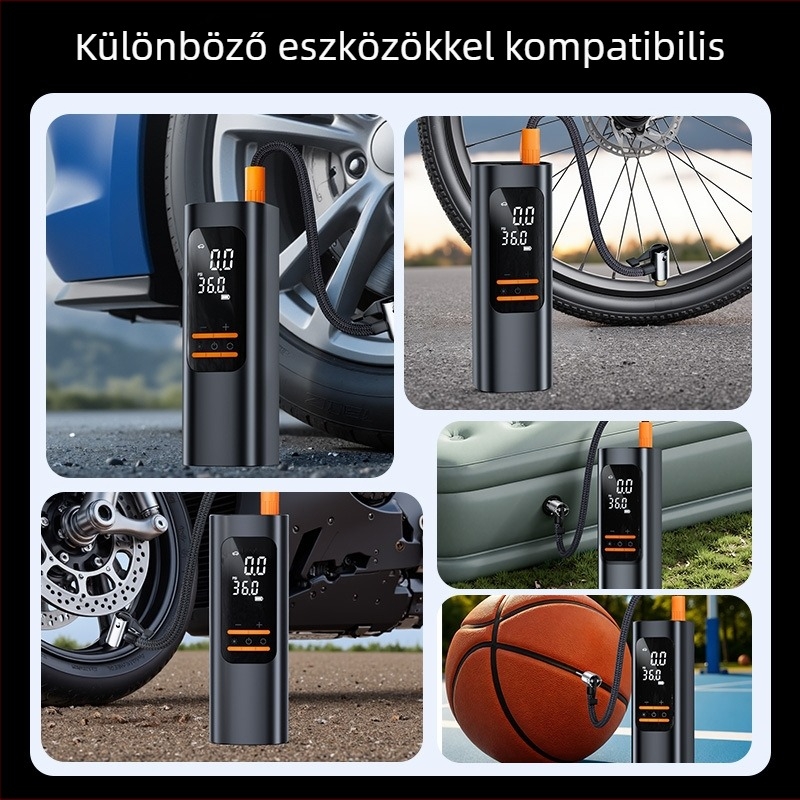 Járműre szerelt vezeték nélküli levegőpumpa digitális LCD kijelzővel — 12V, 100W, 25 L/min, lítium akkumulátor
