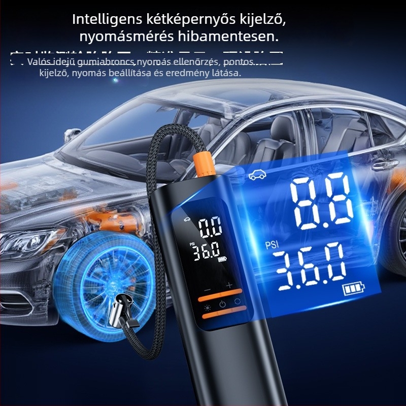 Járműre szerelt vezeték nélküli levegőpumpa digitális LCD kijelzővel — 12V, 100W, 25 L/min, lítium akkumulátor