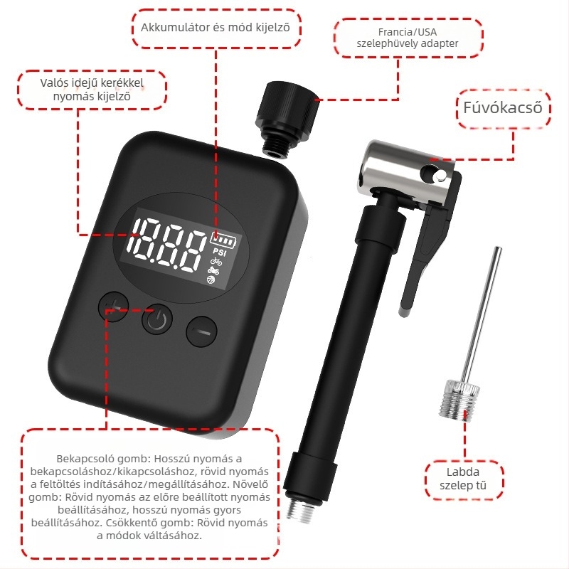 Elektronikus mini kerékpárpumpa - USB töltés, digitális kijelző, magas nyomás, áramlás 30 L/min