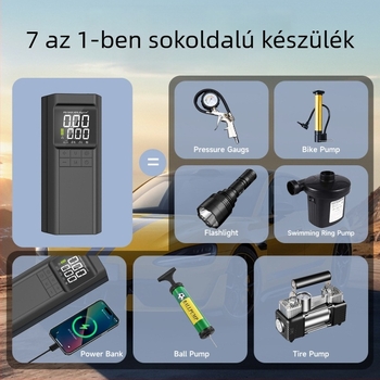 Shengfeng hordozható autó- és kerékpárinflátor, 12V, 120W, digitális kijelző, 30 L/perc, lítium akkumulátor