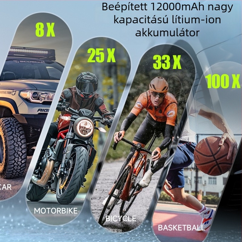 Shengfeng hordozható autó- és kerékpárinflátor, 12V, 120W, digitális kijelző, 30 L/perc, lítium akkumulátor