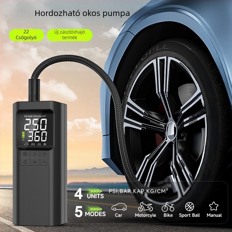 Shengfeng hordozható autó- és kerékpárinflátor, 12V, 120W, digitális kijelző, 30 L/perc, lítium akkumulátor