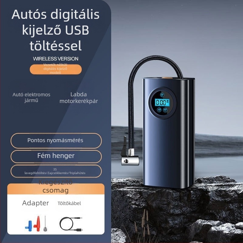 Autóba szánt levegőpumpa manométerrel, USB töltéssel, 8,4V, 100W, 70 L/min, digitális kijelző
