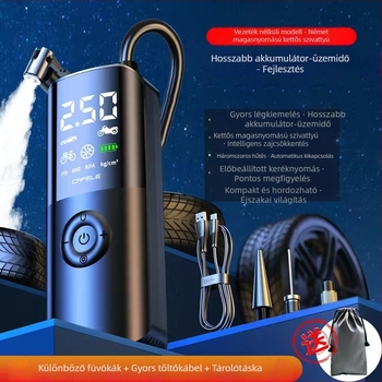 Autó inflátor, vezeték nélküli, mini, hordozható LED világítással és digitális kijelzővel; guminyomásmérő és USB töltés, 12V DC, 180W