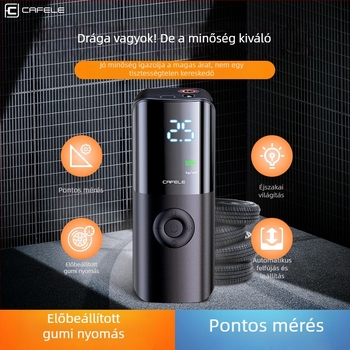 Autó inflátor, vezeték nélküli, mini, hordozható LED világítással és digitális kijelzővel; guminyomásmérő és USB töltés, 12V DC, 180W