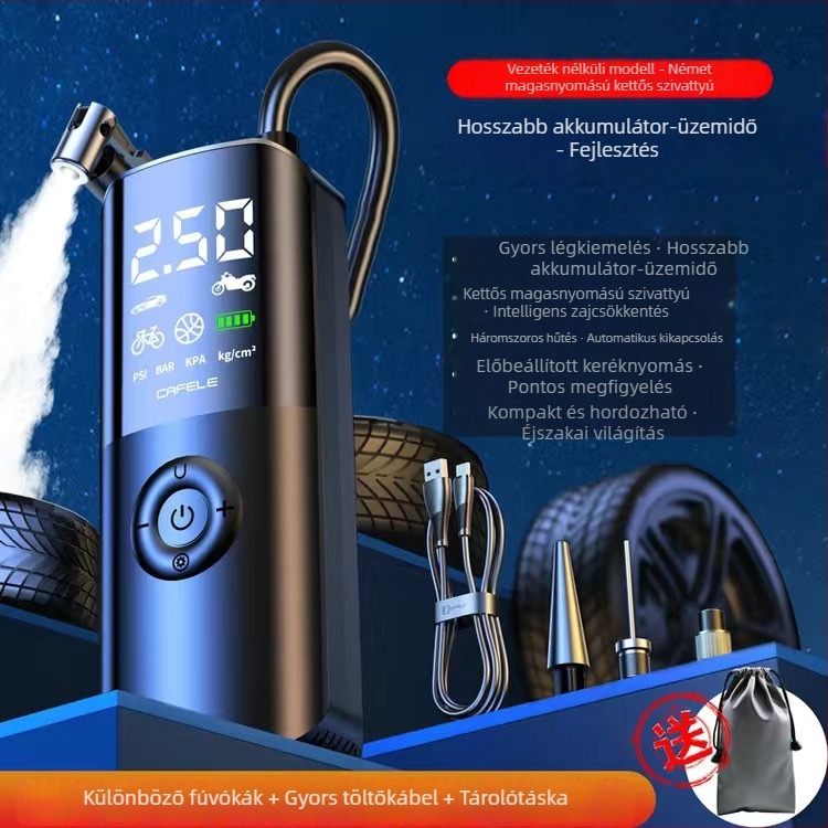 Autó inflátor, vezeték nélküli, mini, hordozható LED világítással és digitális kijelzővel; guminyomásmérő és USB töltés, 12V DC, 180W