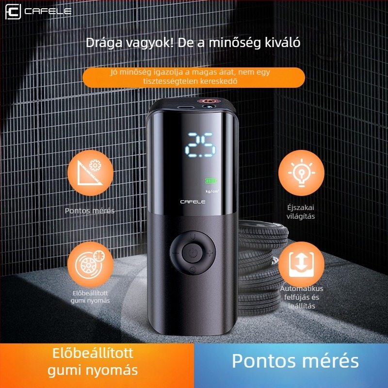 Autó inflátor, vezeték nélküli, mini, hordozható LED világítással és digitális kijelzővel; guminyomásmérő és USB töltés, 12V DC, 180W