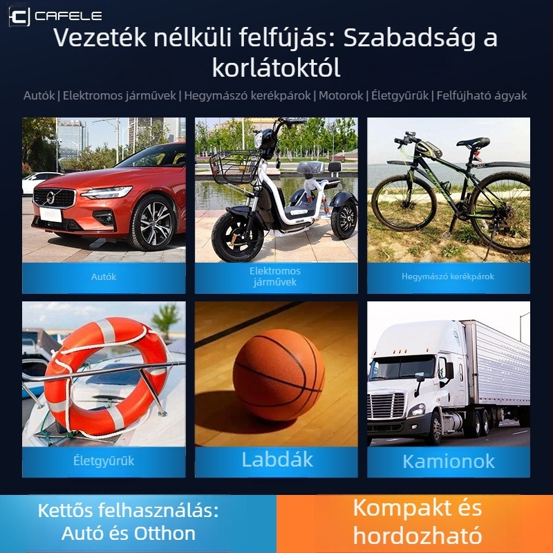 Autó inflátor, vezeték nélküli, mini, hordozható LED világítással és digitális kijelzővel; guminyomásmérő és USB töltés, 12V DC, 180W
