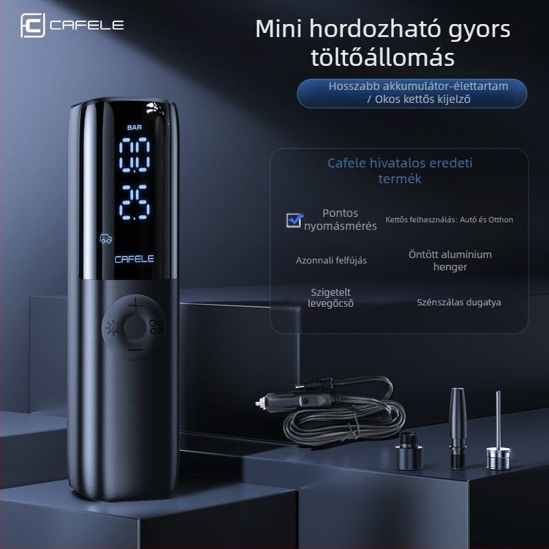 Autó inflátor, vezeték nélküli, mini, hordozható LED világítással és digitális kijelzővel; guminyomásmérő és USB töltés, 12V DC, 180W