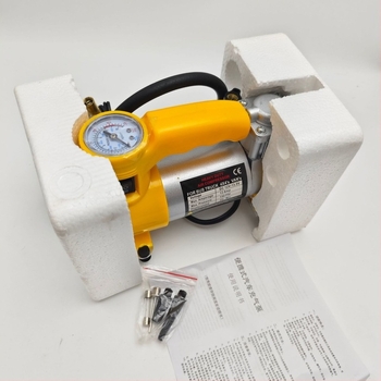 Fém autó gumi töltő LED-fénnyel; nagy teljesítményű elektromos gumiszivattyú, 12V, 120W, 35L/min, fém test, nyomásmérő