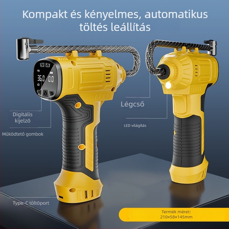 Kézi vezeték nélküli autó levegőpumpa – 12V, 80W, digitális kijelző, USB töltés, 25 L/min