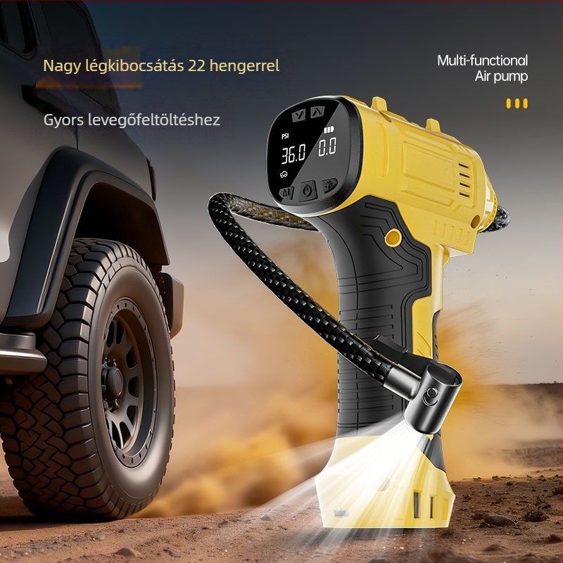 Kézi vezeték nélküli autó levegőpumpa – 12V, 80W, digitális kijelző, USB töltés, 25 L/min