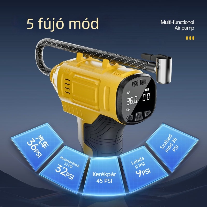 Kézi vezeték nélküli autó levegőpumpa – 12V, 80W, digitális kijelző, USB töltés, 25 L/min