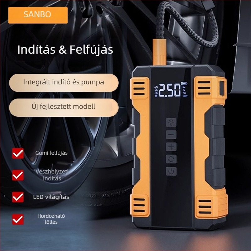 Autó felfúvó és vészindító – 14.8V, 120W, 35 L/min, Digitális kijelző, Működés 5–20 perc