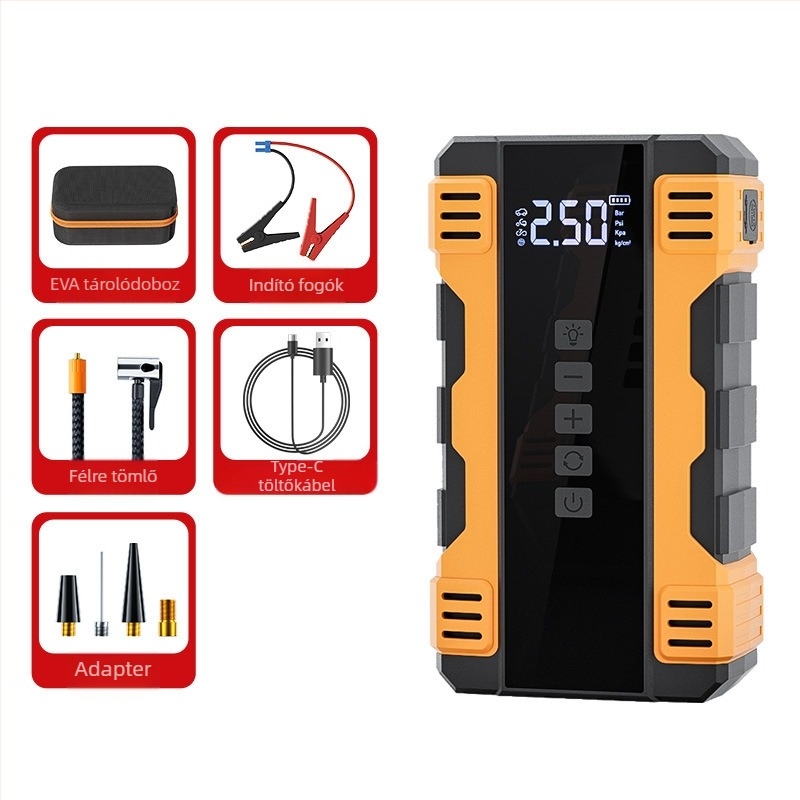 Autó felfúvó és vészindító – 14.8V, 120W, 35 L/min, Digitális kijelző, Működés 5–20 perc