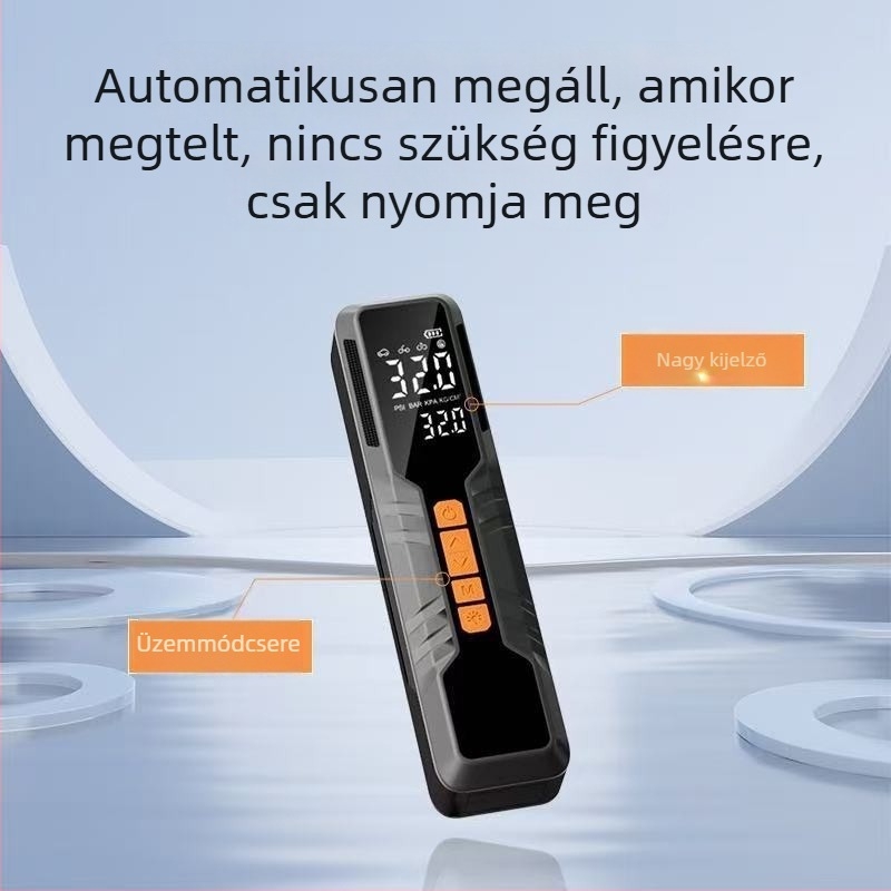 Autó gumi pumpa, kompakt, digitális kijelzővel, USB töltés vagy autós szivargyújtó tápellátás, 80 W, 11,1 V, 25 L/perc