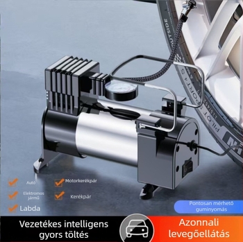 Hordozható autó légpumpa 12V, 120W, 40 L/perc, nyomásmérővel, hosszú tápkábel 1,5–3 m