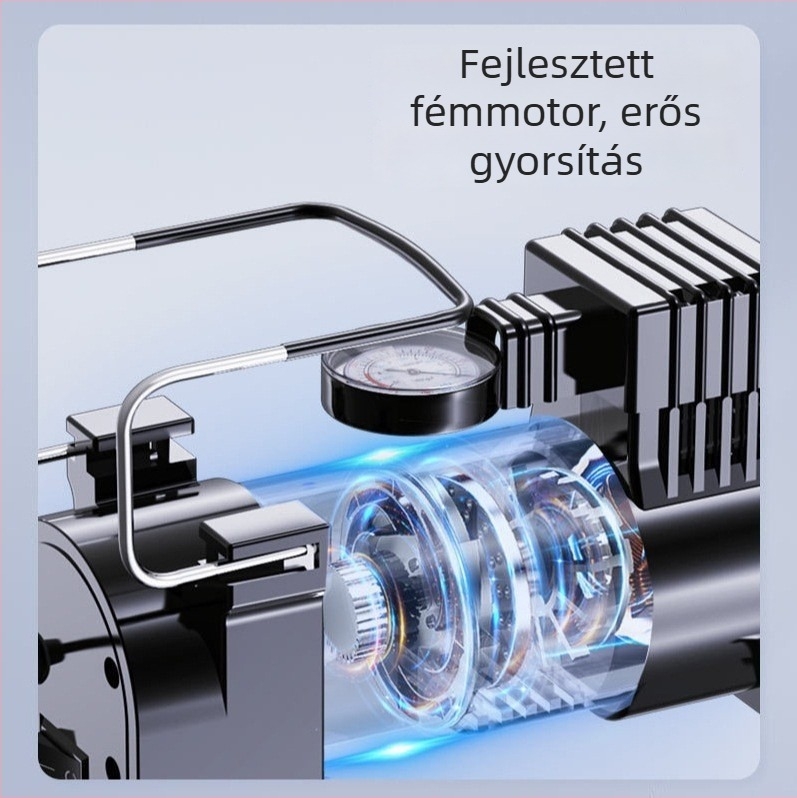 Hordozható autó légpumpa 12V, 120W, 40 L/perc, nyomásmérővel, hosszú tápkábel 1,5–3 m